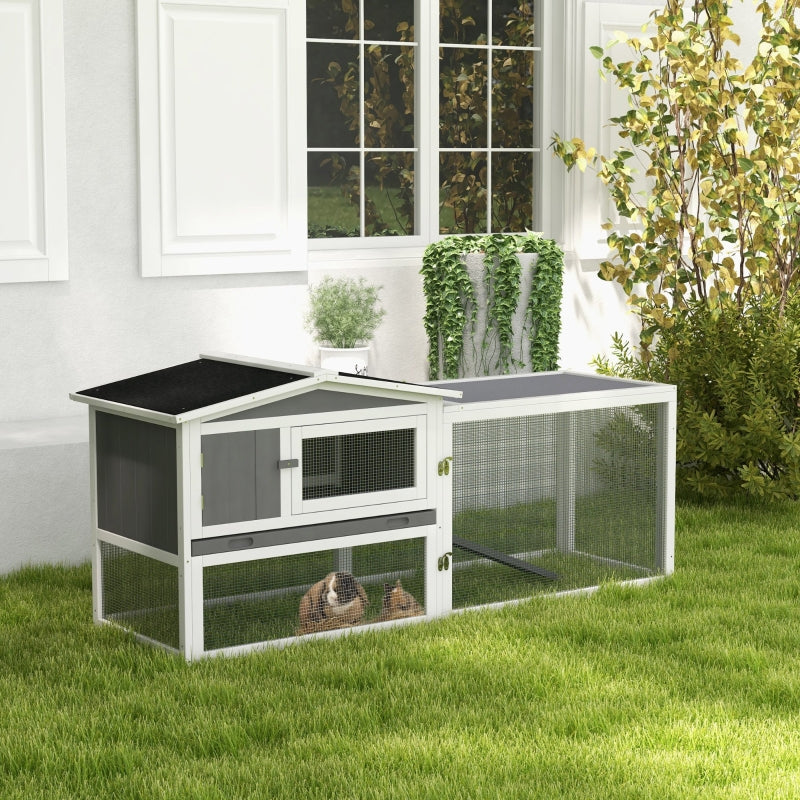 Grey Wooden Rabbit Hutch with Run and Accessories, 156 x 58 x 68cm