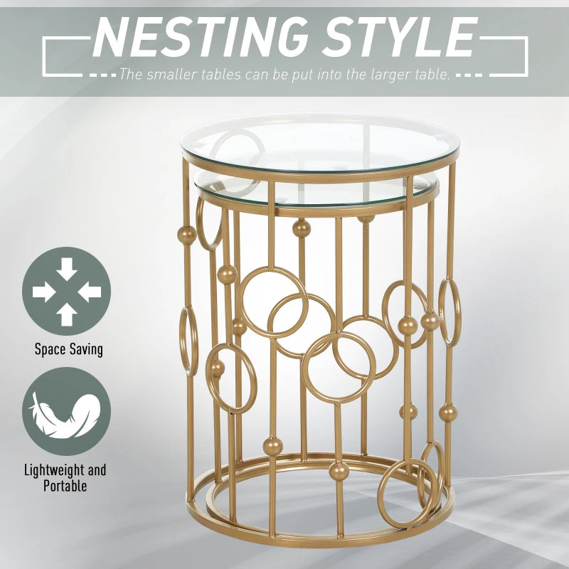 Gold Round Nesting Coffee Tables Set of 2 with Glass Top