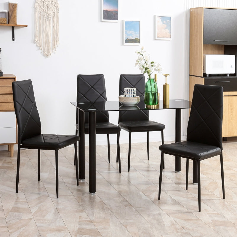 Black 4-Seater Dining Set with Glass Tabletop and Steel Frame
