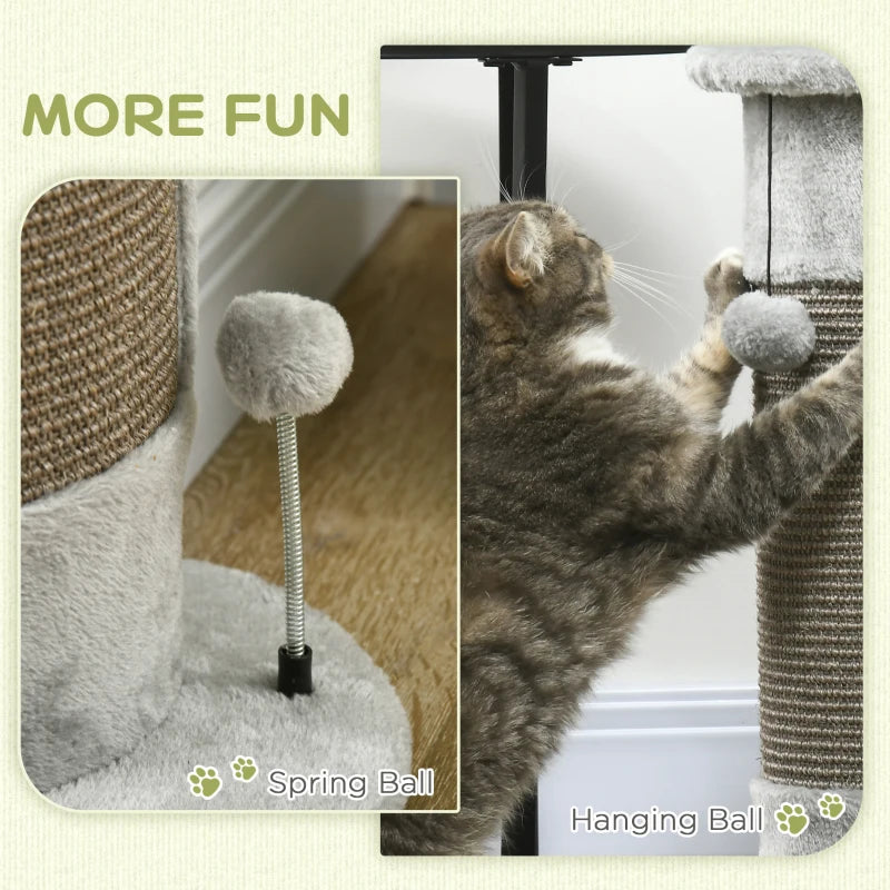 Grey Cat Scratching Post with Plush Cover and Play Balls - 58cm