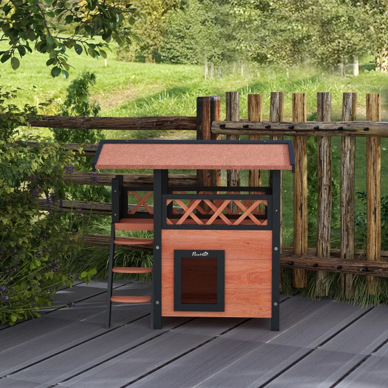 Brown Outdoor Cat House with Balcony and Stairs, 77 x 50 x 73 cm