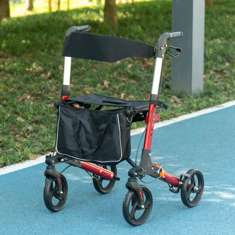 Red Folding Rollator Walker with Seat and Storage Bag