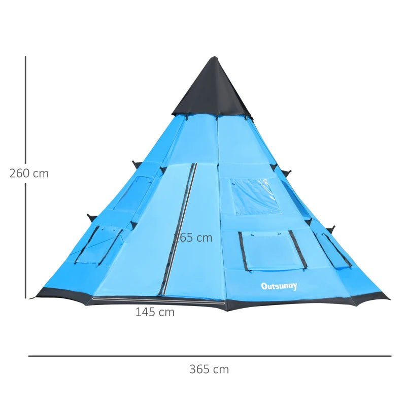 Blue 6-Person Teepee Camping Tent with Mesh Windows and Carry Bag