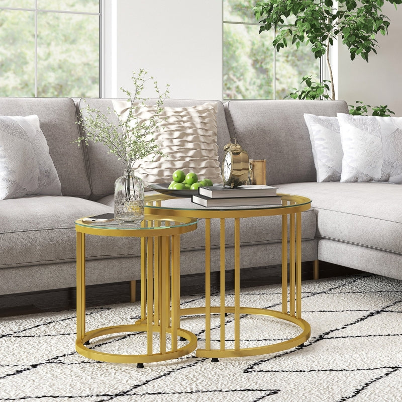 Gold Tone Round Glass Coffee Tables Set of 2, Steel Frame, 60cmx60cmx47cm