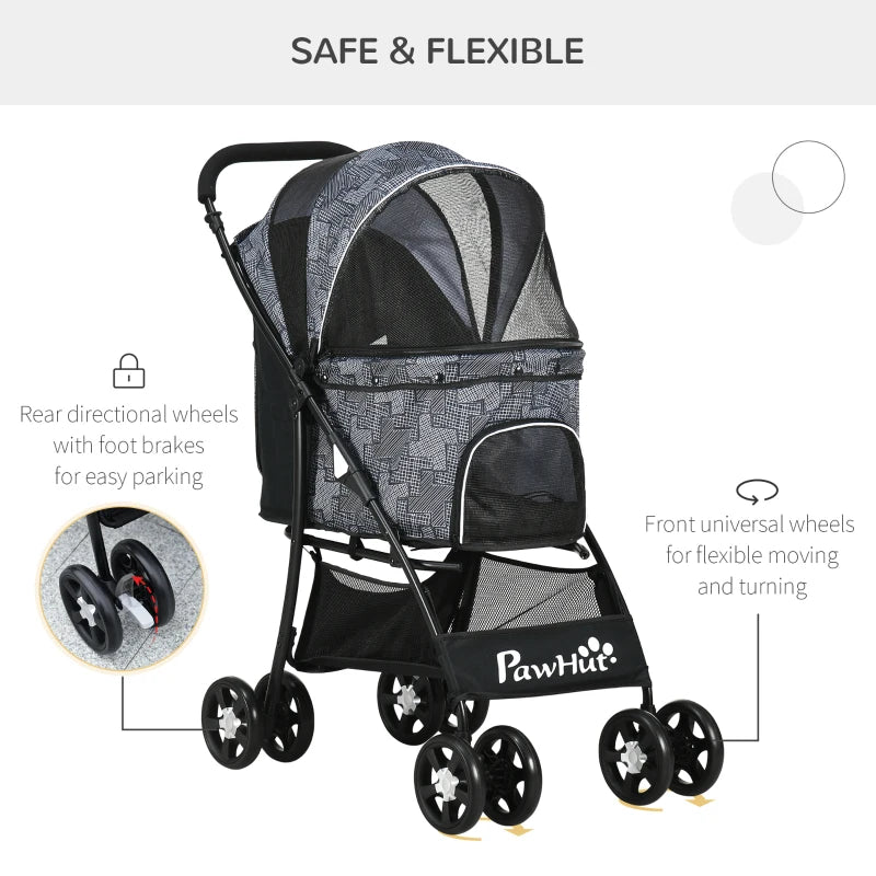 Grey Pet Stroller with Large Carriage and Storage Bag