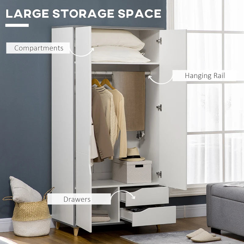 White Wardrobe with 2 Doors, 2 Drawers, Hanging Rail, Shelves - Bedroom Clothes Storage 89x50x185cm