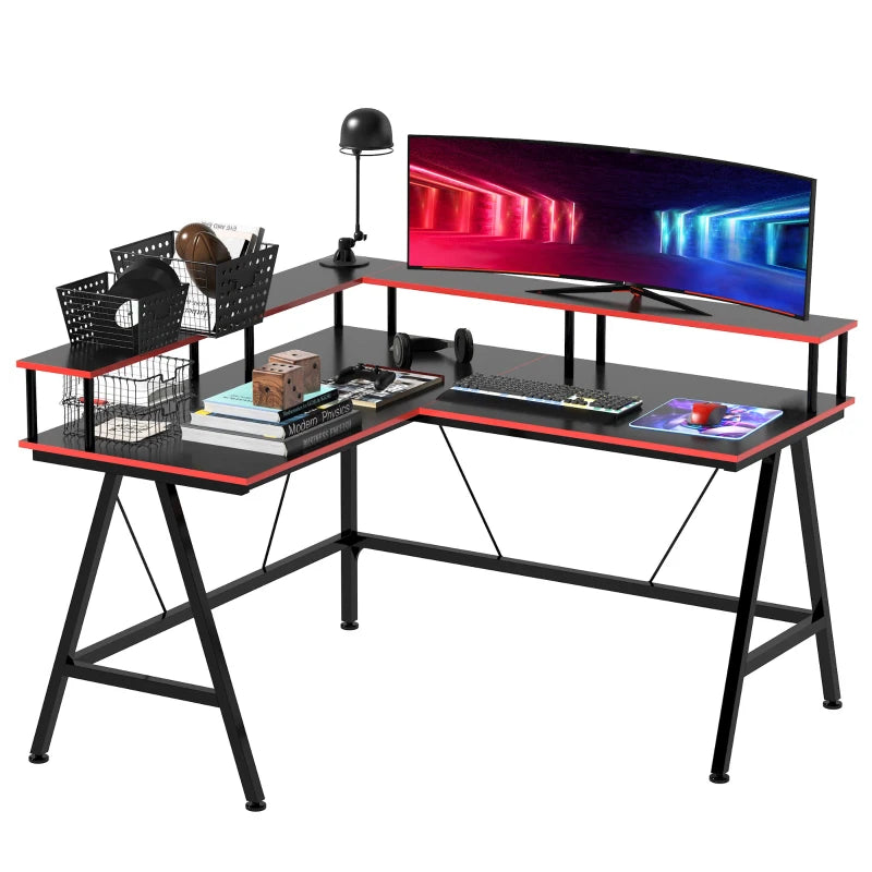 Black and Red L-Shaped Gaming Desk with Monitor Stand