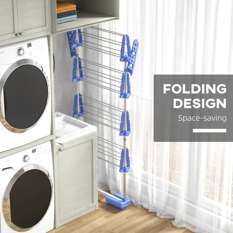 Blue 4-Shelf Folding Clothes Drying Rack with Side Arms and Wheels