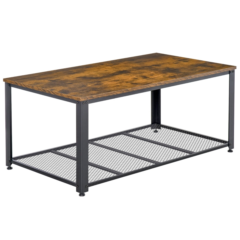 Rustic Brown Industrial Coffee Table with Mesh Shelf