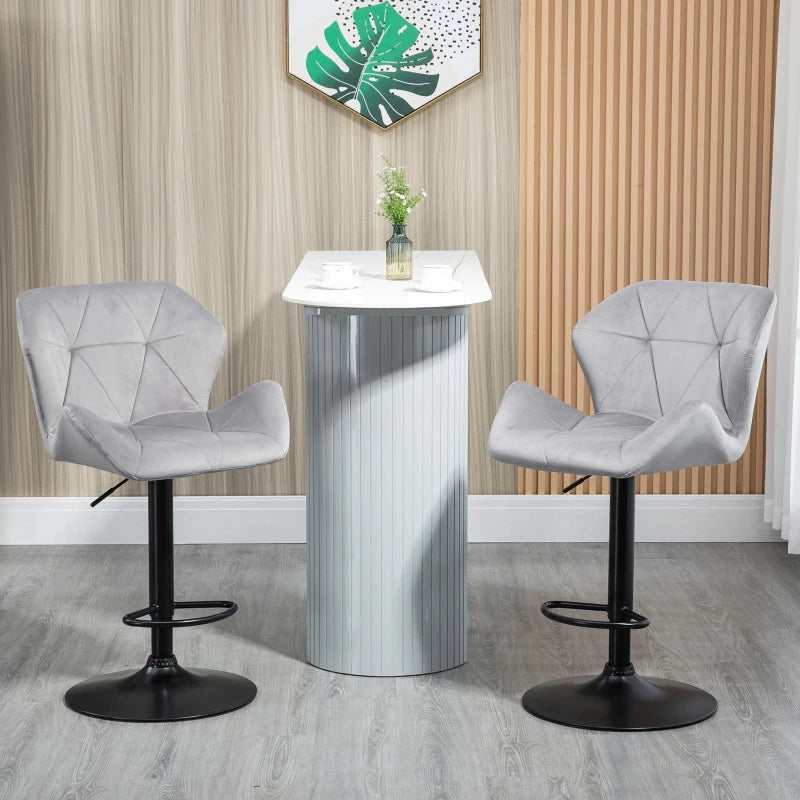 Grey Velvet Barstools Set of 2 with Backrests and Adjustable Height