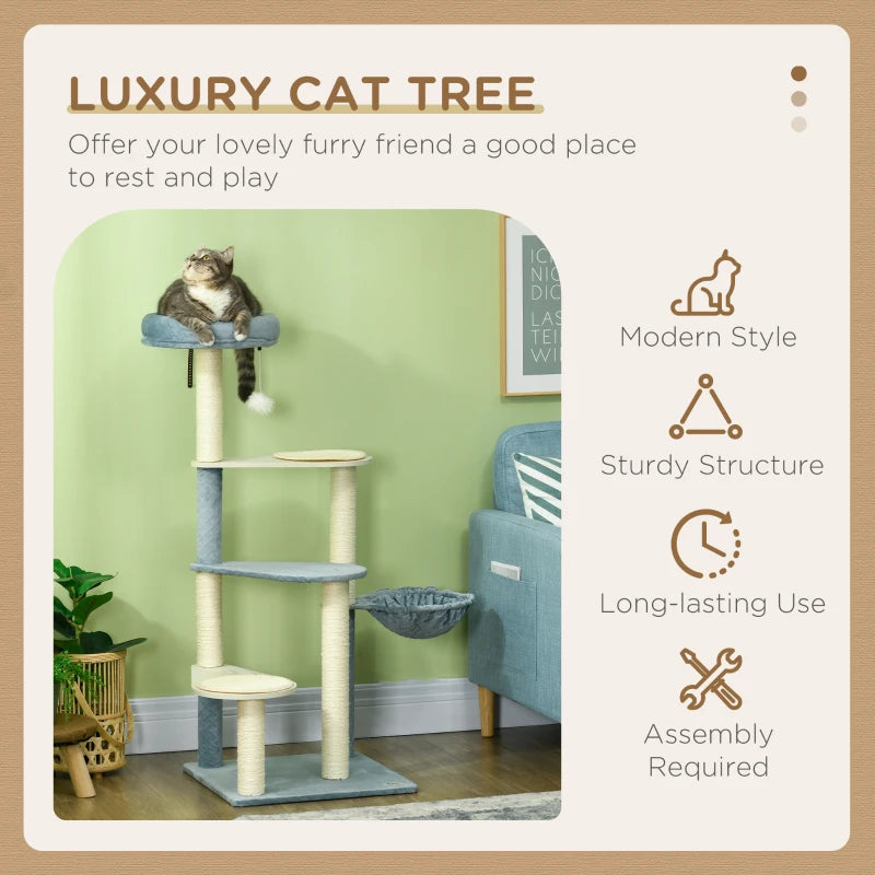 Cat Tree Tower with Scratching Posts, Mats, Hammock, Bed, Toy Ball - Grey