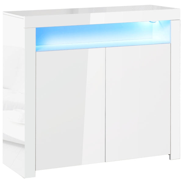 White LED Storage Cabinet with RGB Lighting, High Gloss Front - Modern Sideboard