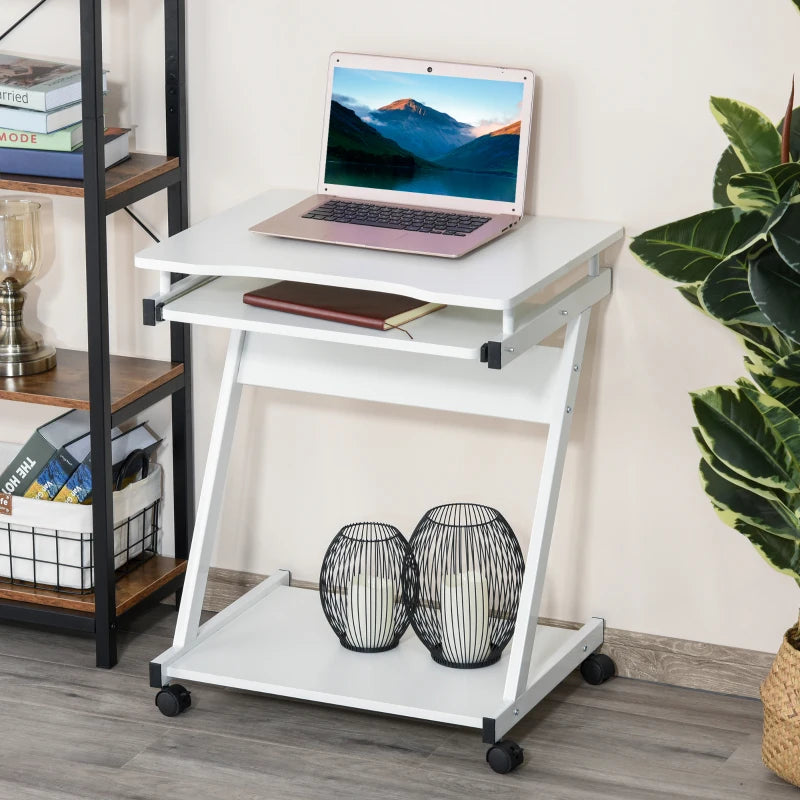 White Mobile Computer Desk with Sliding Keyboard Tray