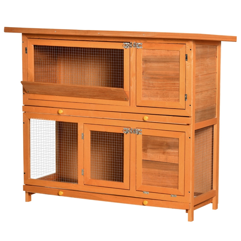 Wooden Outdoor Rabbit Hutch with Run, Double Decker - Brown 122 x 48 x 100 cm