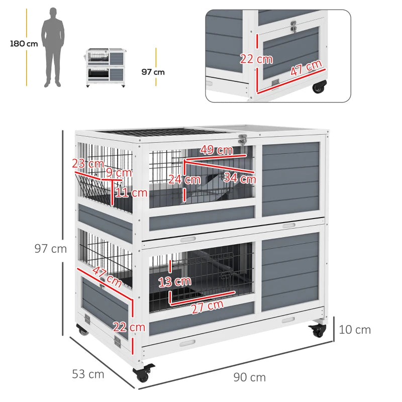 Grey Double Decker Small Pet Cage with Feeding Trough and Ramps