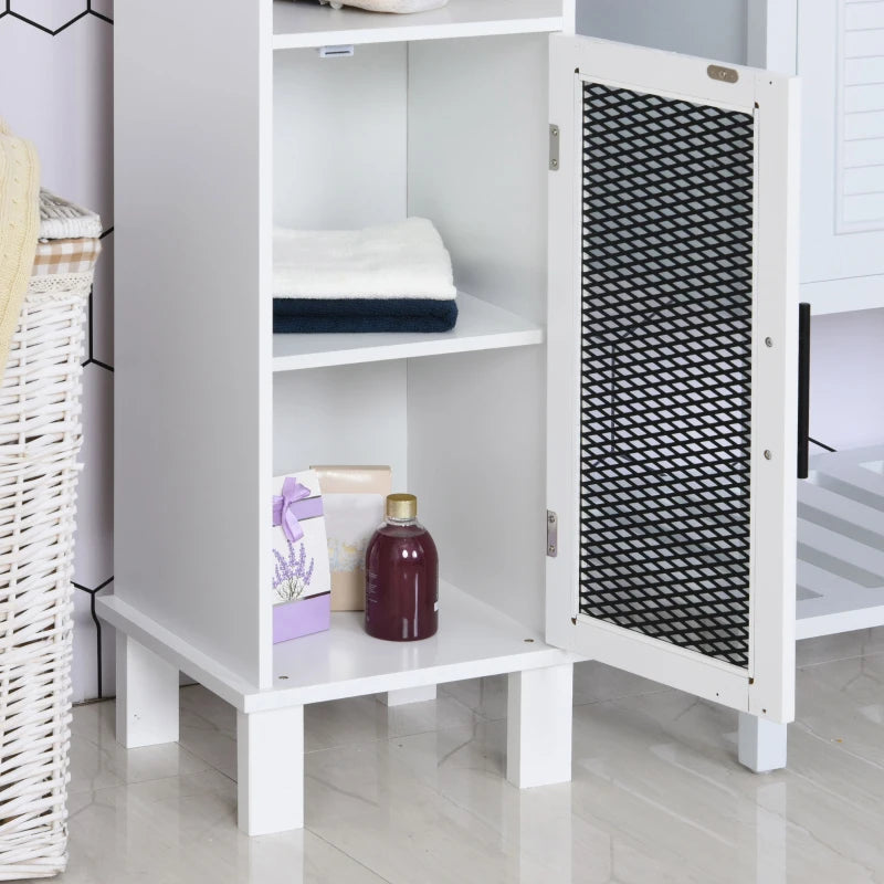 6-Tier White Bathroom Floor Cabinet with Glass Doors