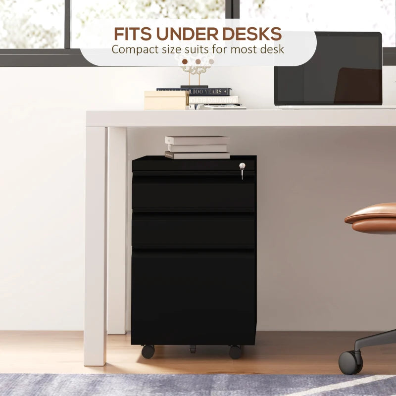 Black 3-Drawer Steel File Cabinet with Pencil Tray