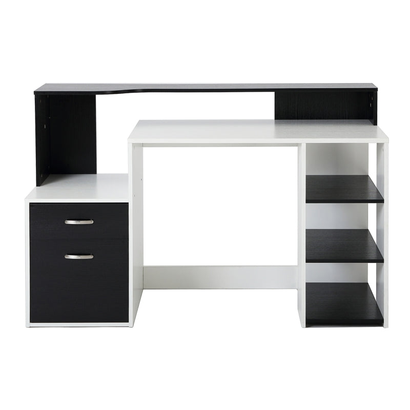 Modern Black and White Computer Desk with Drawers and Storage Shelves