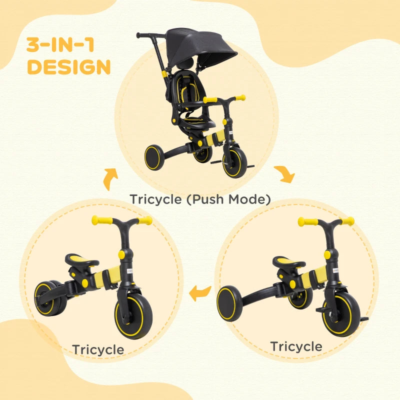 Yellow 3-in-1 Kids Tricycle with Parent Handle