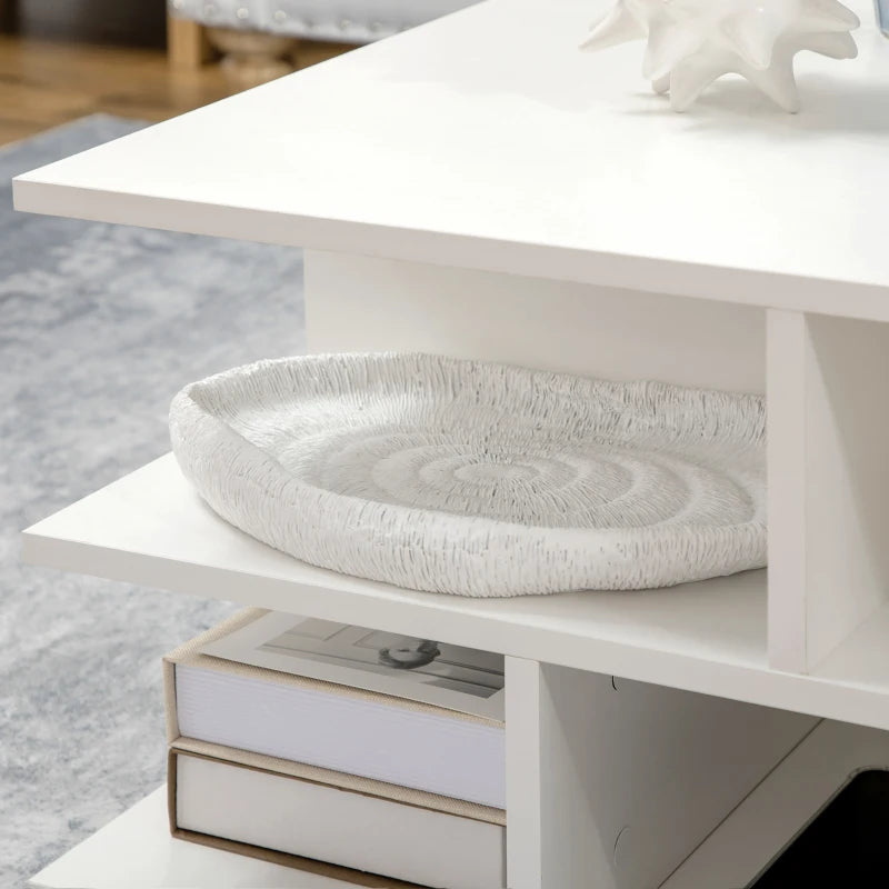 Modern White Square Coffee Table with Storage Shelves