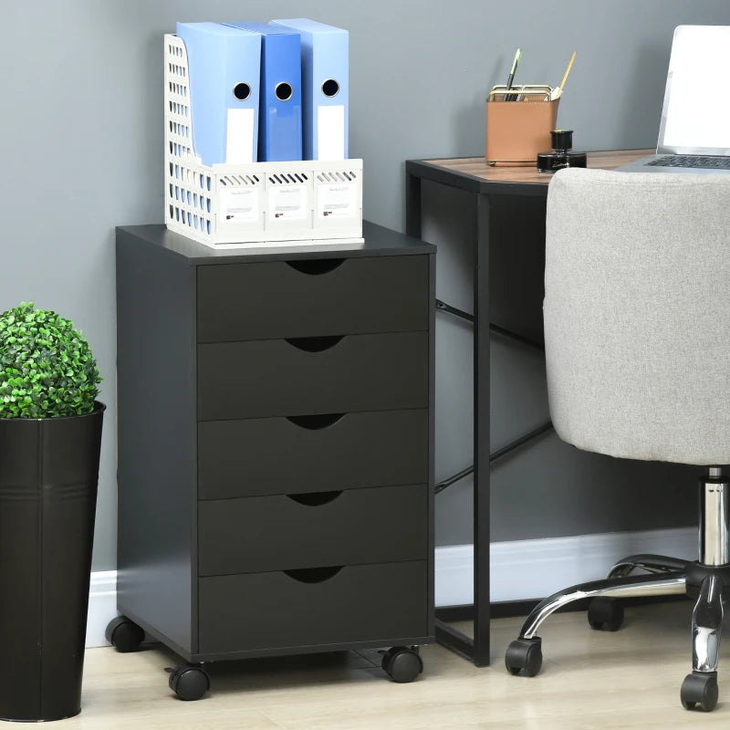 Black 5-Drawer Mobile Filing Cabinet - Modern Vertical File Organizer
