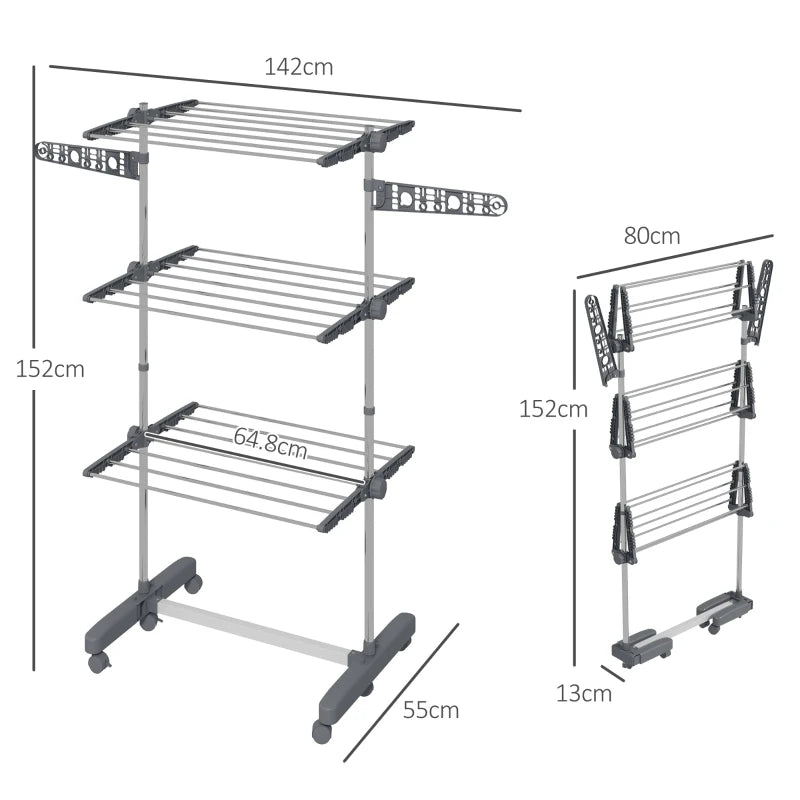 Grey 3-Tier Folding Clothes Drying Rack with Side Arms and Wheels