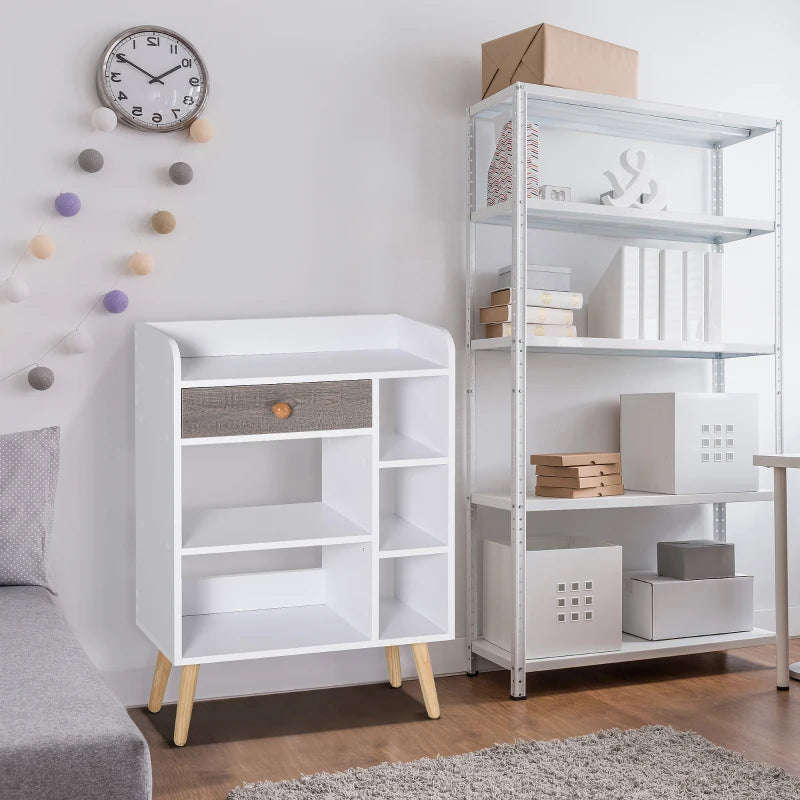 Modern White Grey Bookcase with Drawer and 6 Shelves