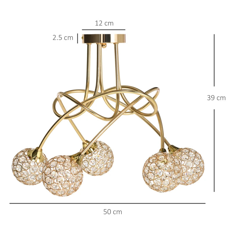 Modern Gold Crystal Chandelier with 5 Ball Lampshades - 5 G9 Bulbs