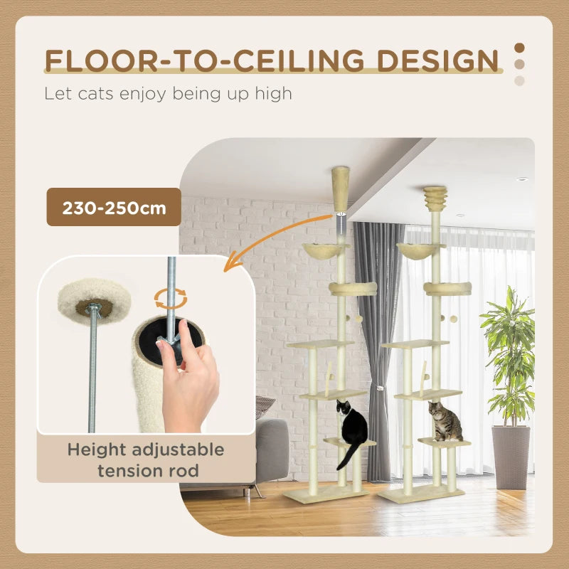 Beige 6-Tier Floor to Ceiling Cat Tree with Scratching Post and Hammock