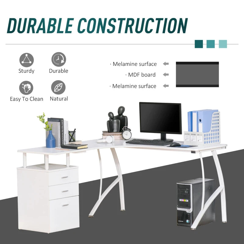 White L-Shaped Home Office Desk with Storage Drawer - Industrial Style Corner Workstation