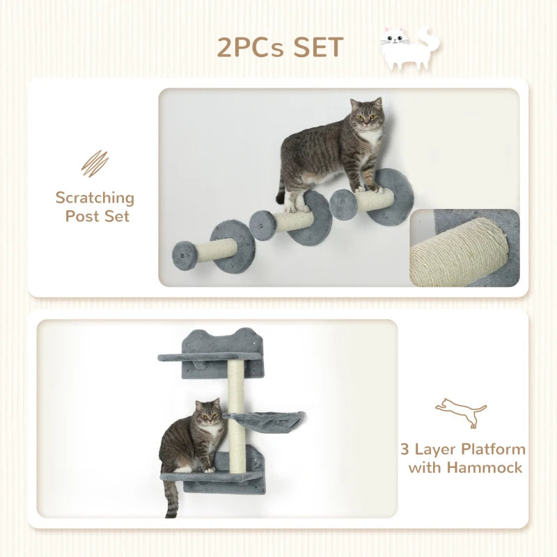 Grey Wall-Mounted Cat Tree with Scratching Post - 4 Piece Set