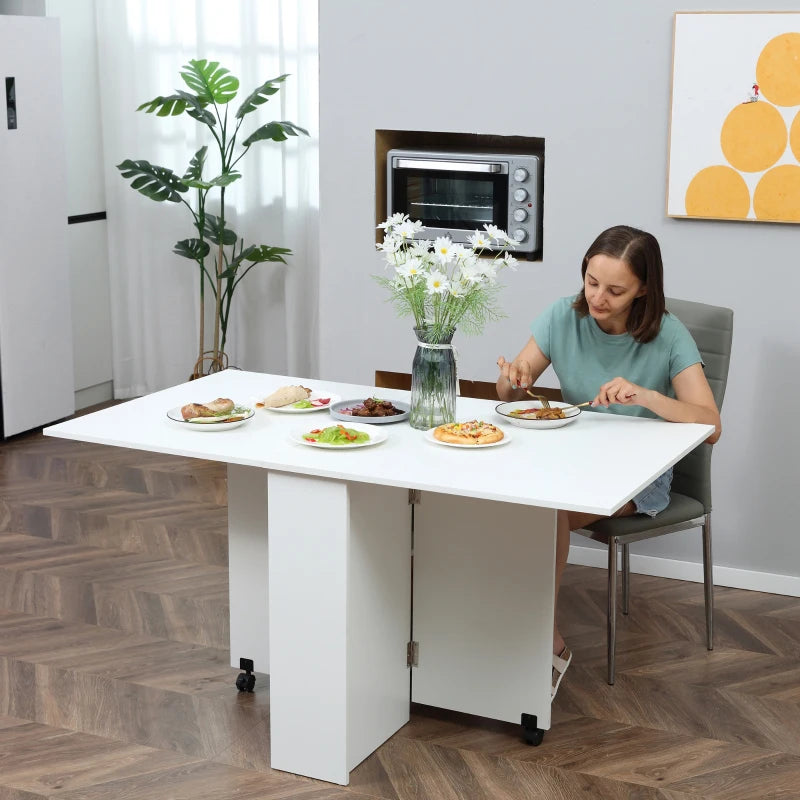 White Folding Dining Table with Shelves and Casters