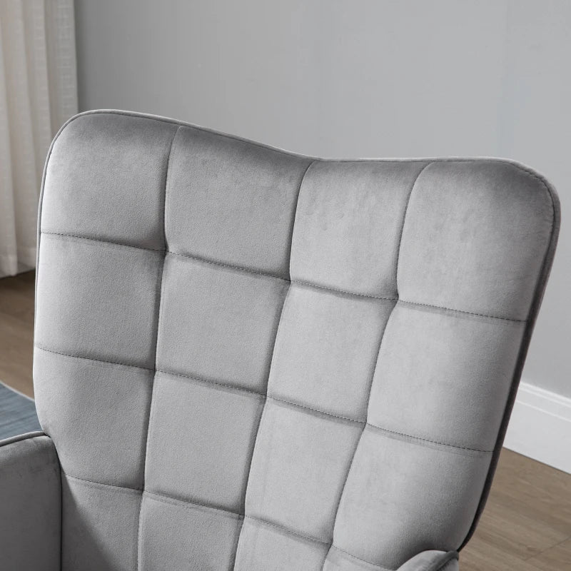 Grey Velvet Tufted Wingback Armchair with Wood Legs