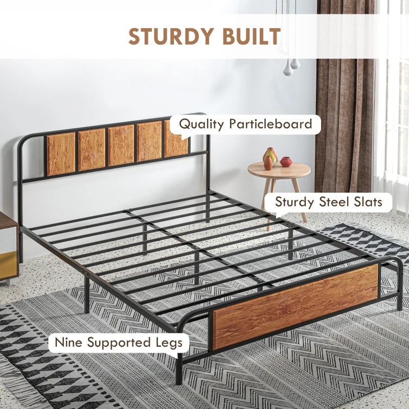 Rustic Brown King Bed Frame with Industrial Wood Headboard and Underbed Storage