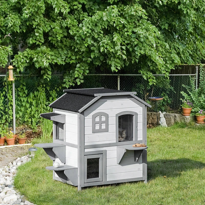 White 2-Storey Wooden Cat Enclosure with Escape Door