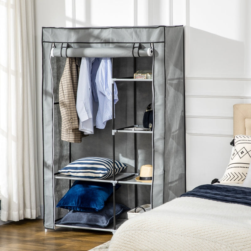 Light Grey Fabric Portable Wardrobe with 6 Shelves and Hanging Rail