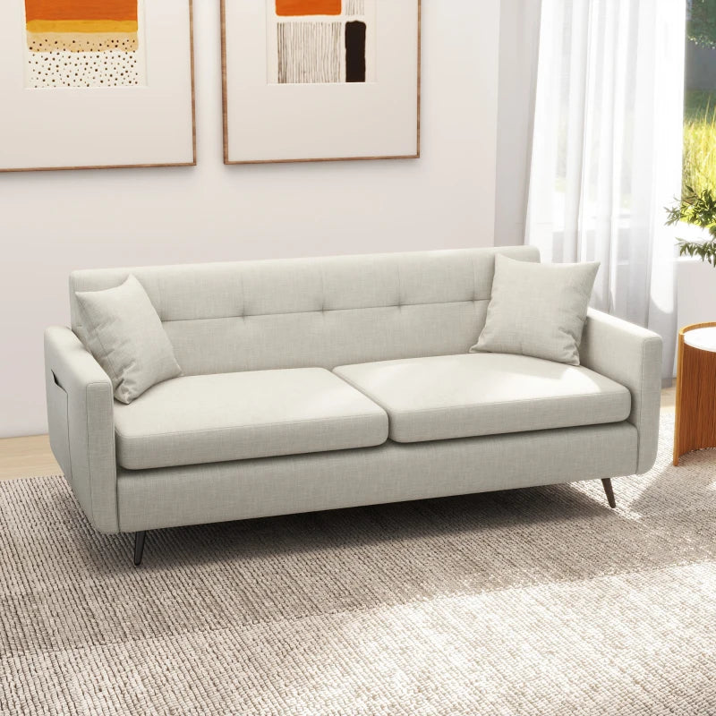 Beige Fabric 2 Seater Sofa with Storage Pockets and Steel Legs