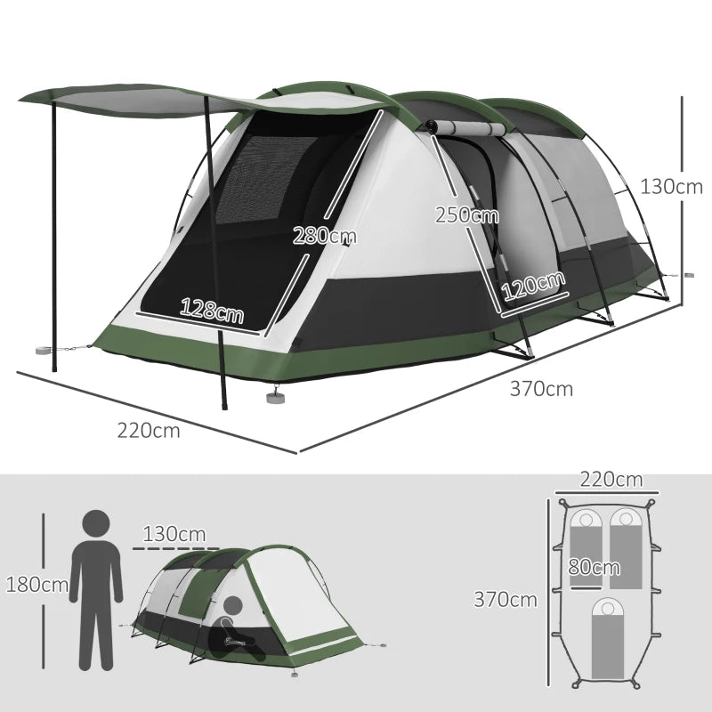 Green 3-Person Camping Tent with 2 Rooms and Porch