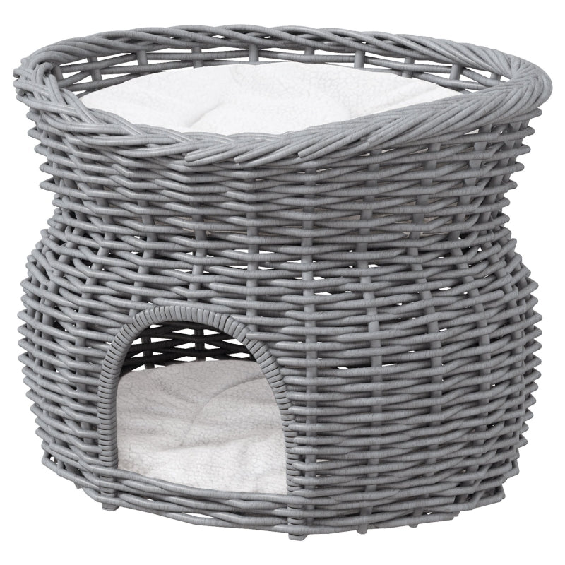 Grey Wicker 2-Tier Cat House Bed with Washable Cushions