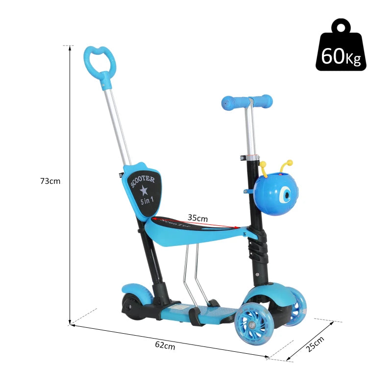 Blue 5-in-1 Kids Toddler Mini Kick Scooter with Removable Seat