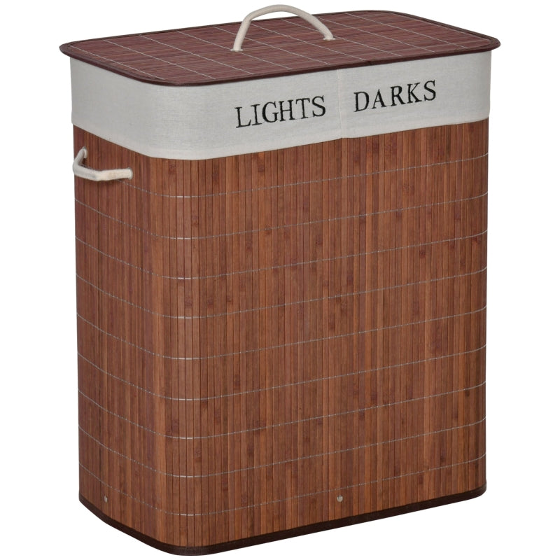 Brown 2-Section Collapsible Laundry Basket with Lid and Handles