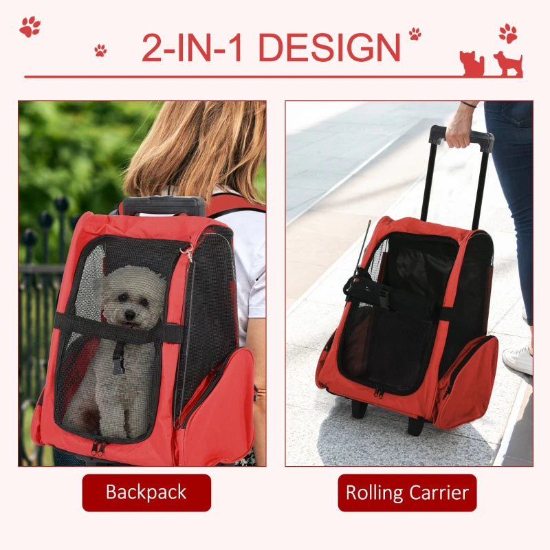 Red Pet Travel Backpack with Trolley and Telescopic Handle