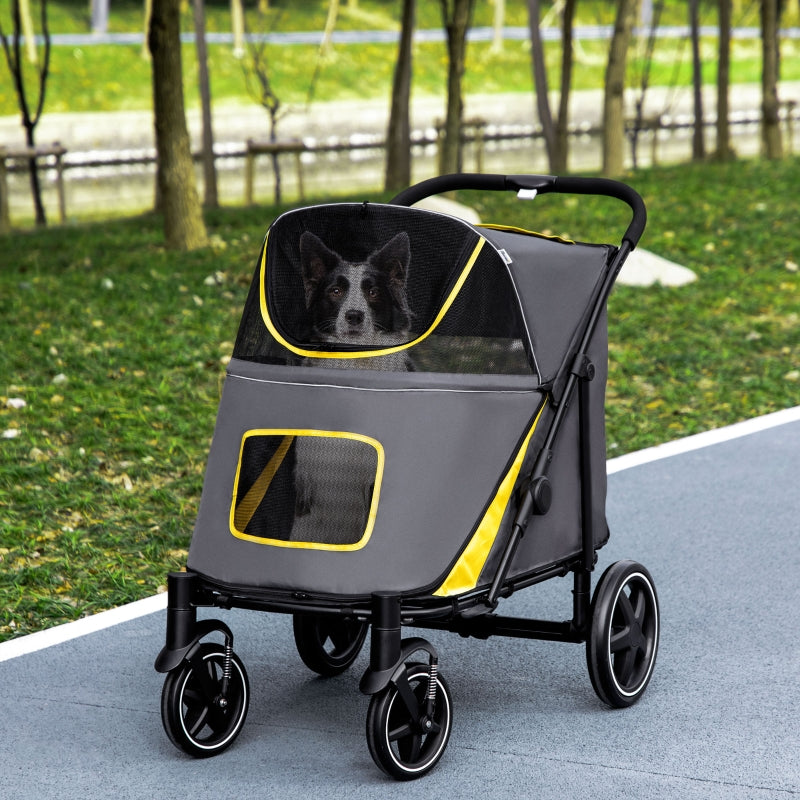 Grey Foldable Pet Stroller with Universal Wheels for Medium and Large Dogs