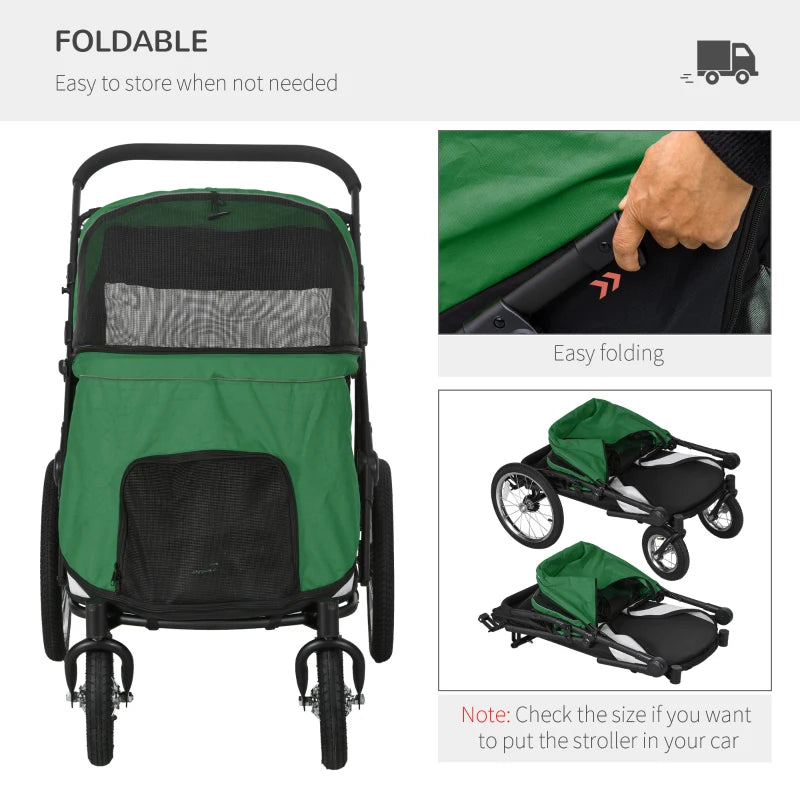 Foldable Pet Stroller with Washable Cushion - Green