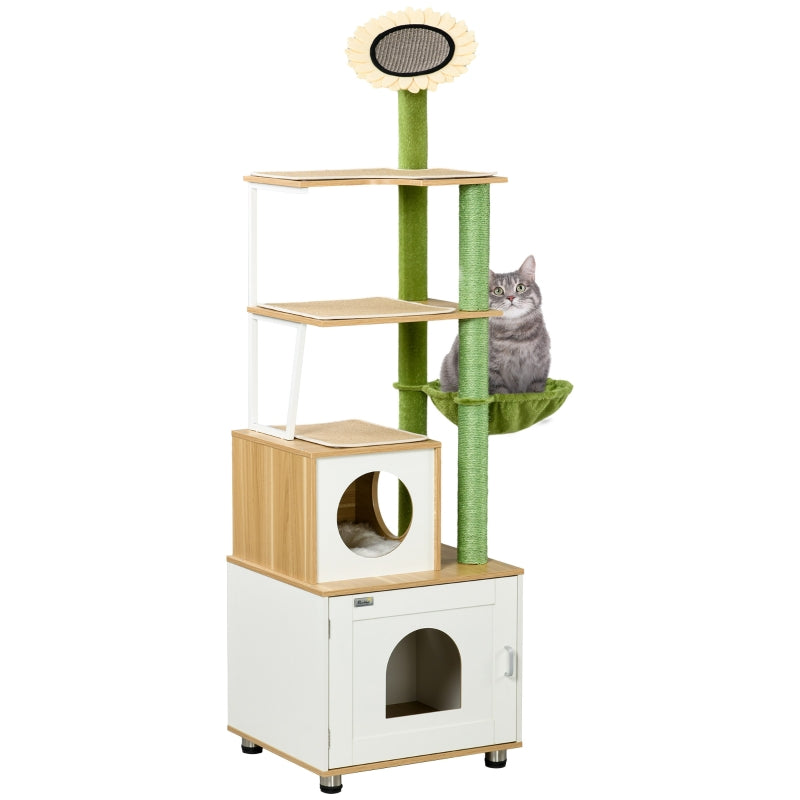 Oak Tone Cat Tree with Litter Box, Scratching Post, House & Hammock