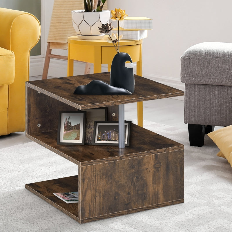 Rustic Brown Wooden S-Shaped Coffee Table with 2-Tier Storage Shelves