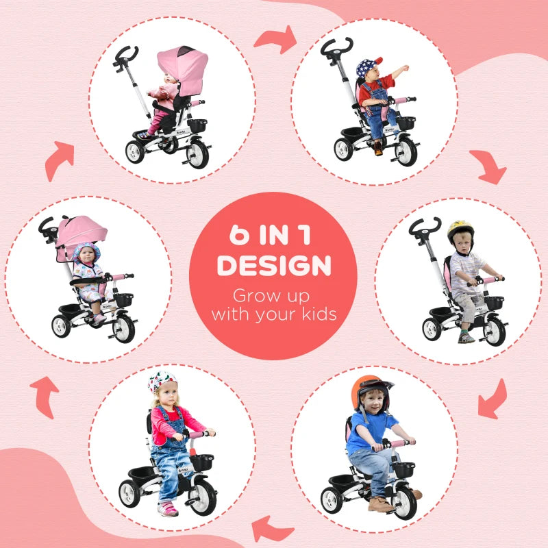 6-in-1 Pink Baby Push Tricycle with Parent Handle - Ages 1-5