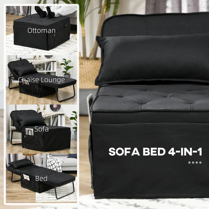 Black Fabric Folding Sleeper Chair with Adjustable Backrest and Side Pockets