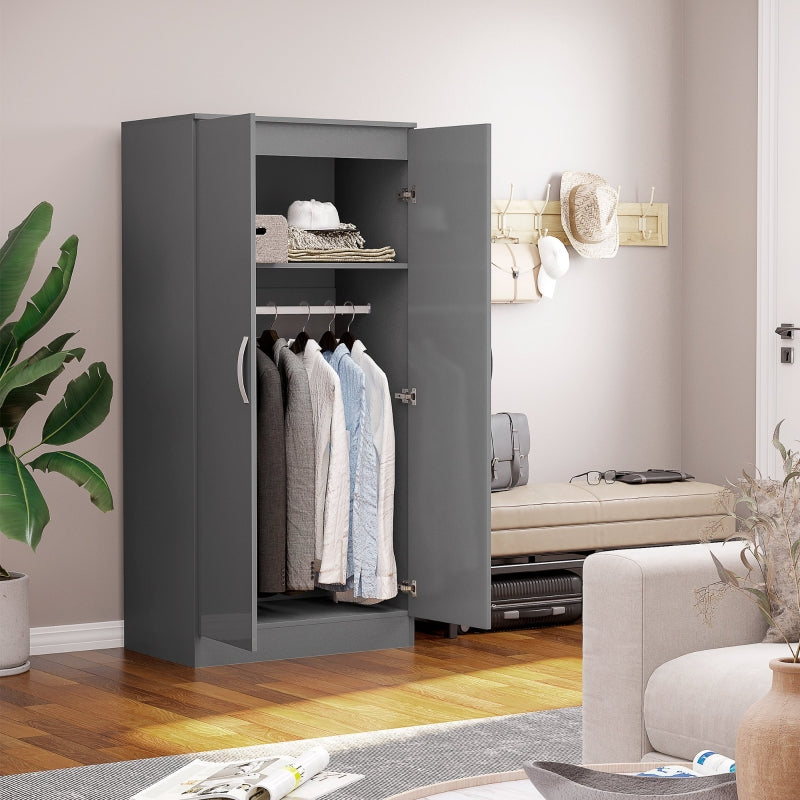 Grey High Gloss 2-Door Wardrobe with Hanging Rod and Storage Shelf