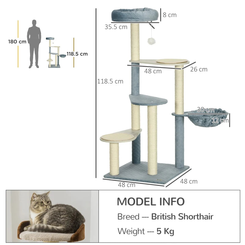 Cat Tree Tower with Scratching Posts, Mats, Hammock, Bed, Toy Ball - Grey